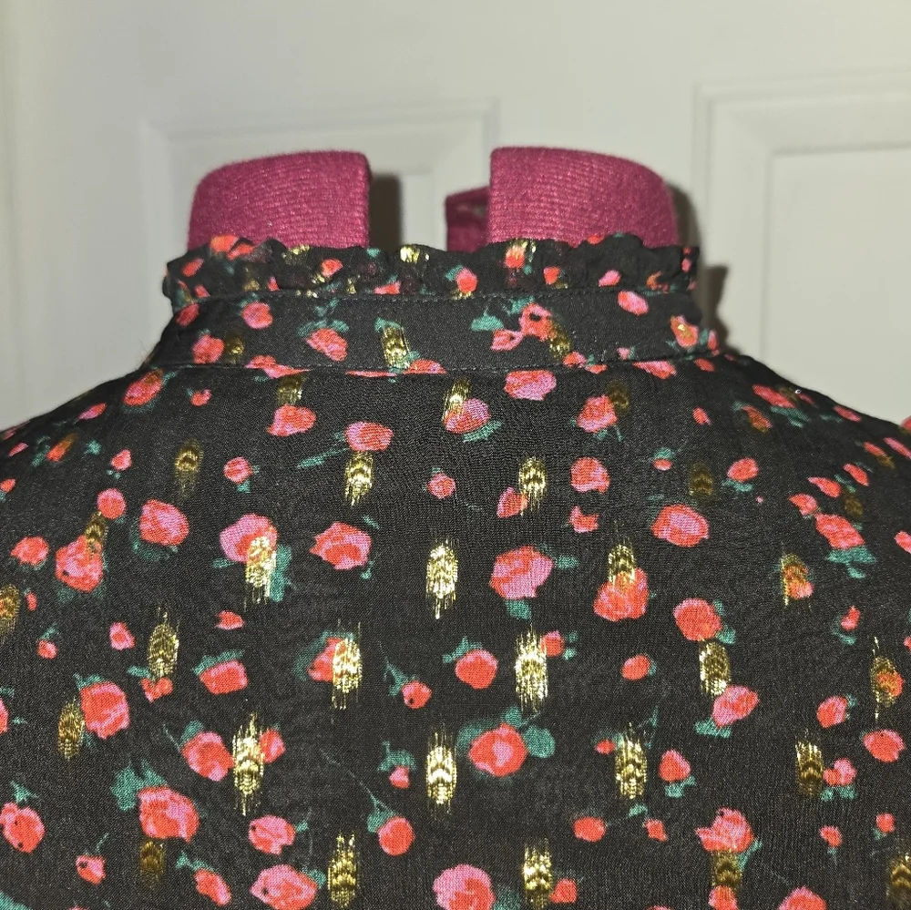 J. Crew Black Red Gold Ruffle Flutter Sleeve Floral Top Medium